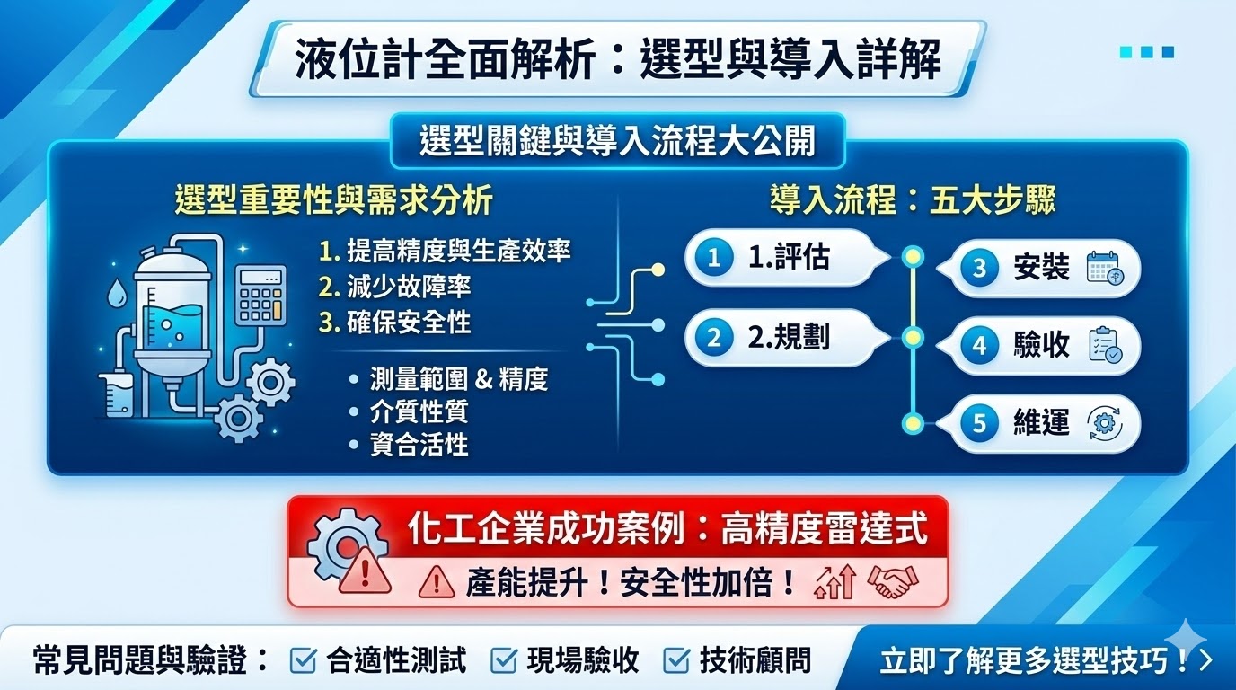 液位計是一種用於測量容器內液體高度或液位的儀器，廣泛應用於化工、製藥、石油等行業。根據工作原理的不同，液位計可分為浮子式、雷達式、超聲波式等。選擇合適的液位計可以提高測量精度、降低故障率，並改善生產效率。液位計的選型需根據需求精度、測量範圍以及使用環境進行綜合評估，確保設備在各種條件下穩定運行。